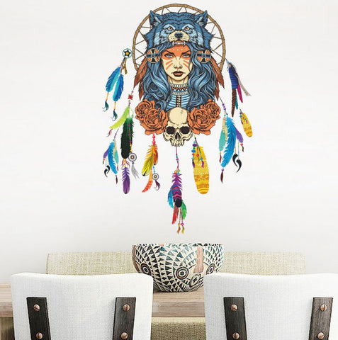 Indian Wolf Headdress Full Color Girl Wall Stickers Wall - Wolves Landing
