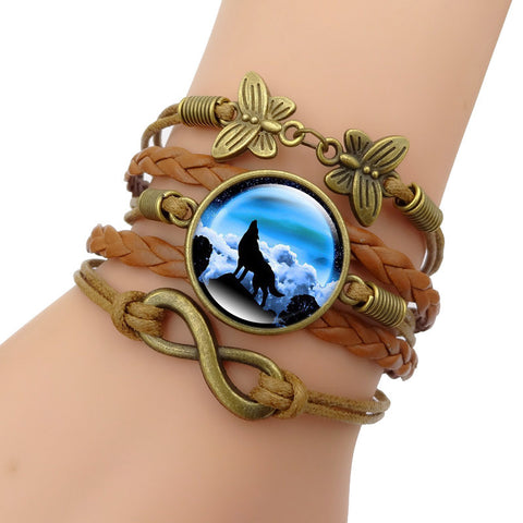 Howling Wolf Moon Vintage Leather Bracelet - Wolves Landing