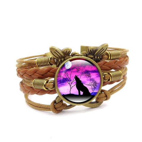 Howling Wolf Moon Vintage Leather Bracelet - Wolves Landing
