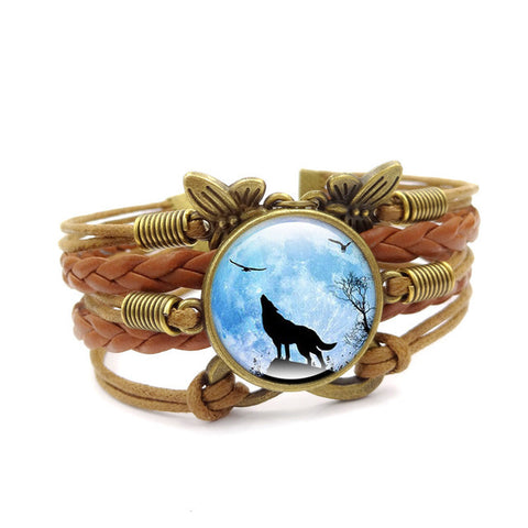 Howling Wolf Moon Vintage Leather Bracelet - Wolves Landing