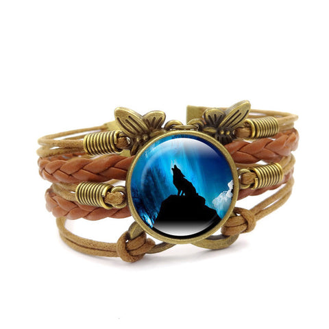 Howling Wolf Moon Vintage Leather Bracelet - Wolves Landing