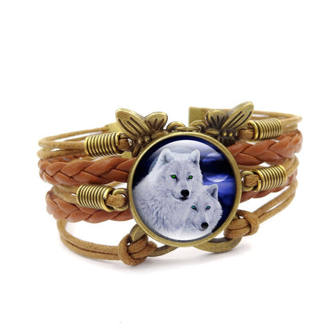 Howling Wolf Moon Vintage Leather Bracelet - Wolves Landing