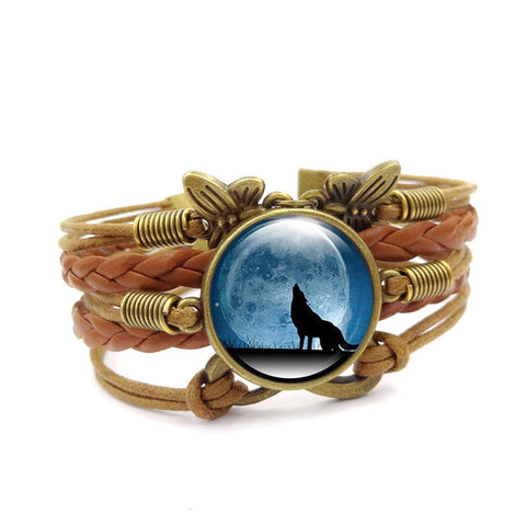 Howling Wolf Moon Vintage Leather Bracelet - Wolves Landing