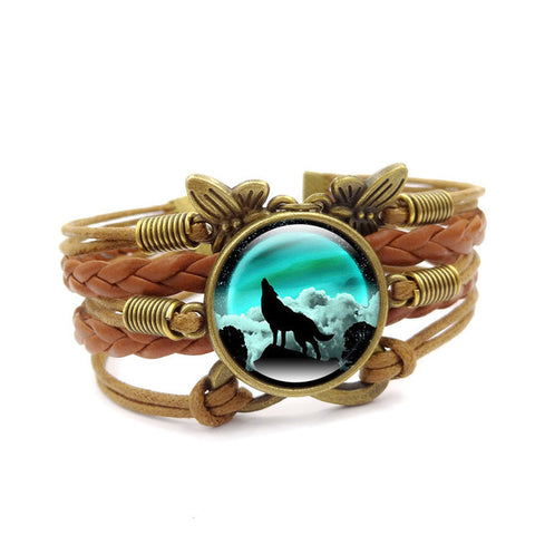 Howling Wolf Moon Vintage Leather Bracelet - Wolves Landing